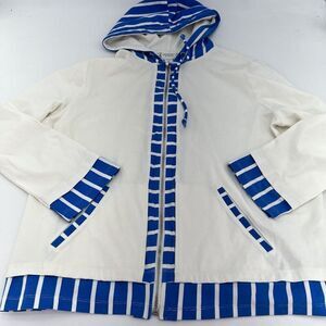 Chicos White Blue Full Zip Hooded Jacket Size Large Long Sleeve
